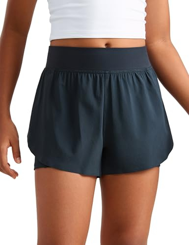 CRZ YOGA Girls 2 in 1 Dolphin High Waisted Running Shorts Casual Stretchy Cycling Bike Summer Short Pants with Zip Pockets True Navy XXL