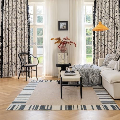 Beydodo Verdunklungsvorhänge 2er Set, Blickdichte Vorhänge Gardinen Ösen Bedruckt Blumen Motiv mit Rüschen 107x138CM Grau Schwarz Gardinen Chenille Kinderzimmer Wohnzimmer Schlafzimmer