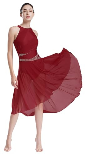 inhzoy Femme Robe Fluide Danse de Salon Compétition Robe Danse Tango Valse Ballet Spectacle Tulle sans Manches S-XXL A Rouge S