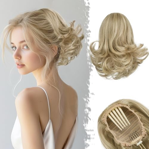 BARSDAR Kurzes Ponytail Extension Blond, 25cm Wellige Pferdeschwanz Haarteil mit Kordelzug Haarverlängerung für Damen Synthetisch Comb Clip in Haarteile Pferdeschwanz - Helles Aschblond mit Highlights