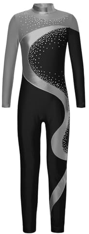 FEESHOW Kids Boys Girls Spandex Unitard Sparkly Long Sleeve Leotard Catsuit Full Length Bodysuit Jumpsuit Dance wear Gray&Black 11-12 Years