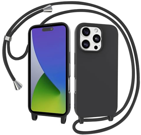 AOMYKE Cover per iPhone 16 Pro con Cordino, Custodia con Laccio Collana Tracolla Collo Liquido Silicone Antiurto TPU Antiurto AntiGraffio Case - Nero