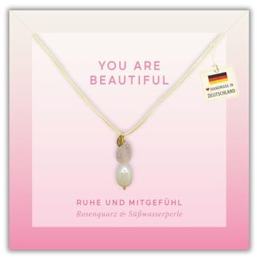 happymaker - Edelstein Ketten, Heilstein Kette Damen, Stoffband mit 18k vergoldeten Perlen, größenverstellbar, handmade in Deutschland