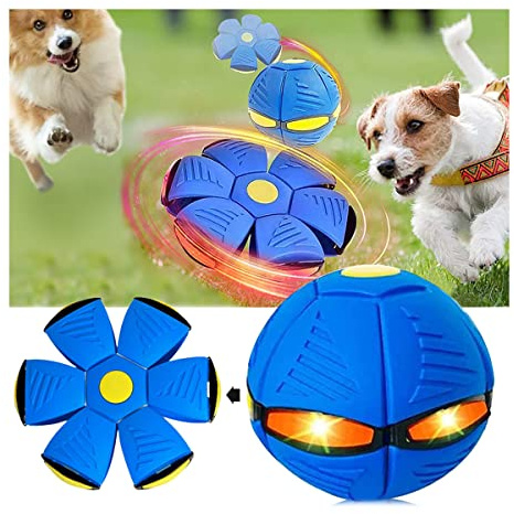 Juguete para mascotas, bola de platillo volador, juguete para perros, deformación de descompresión, bola de ventilación para perros, gatos adultos (azul, 3 luces)