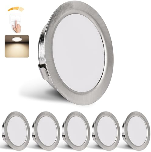 YindaLux Set med 6 inbyggda LED-strålkastare, 230 V, dimmerbara, 3 W, 4000 K, neutralt vitt, ultraplatt, 300 lm, öppning 55-58 mm och 15 mm, IP44, inbyggd strålkastare för spegelskåp, nickel