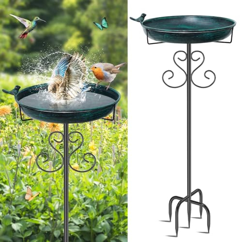ODSNANIE Metall Vogeltränke Stehend, 103cm Vintage Stehend Vogelbecken Schüssel mit Vogel Statue, Groß Wildvogeltränken Wassertränke Winterfest Futter für Draußen Garten (Vintage Grün)