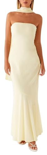 Cusghjbsg Women Tube Maxi Dress with Scarf Summer Sleeveless Boho Floral Strapless Backless Mesh Bodycon Bandeau Long Beach Party Dresses (Yellow A, S)