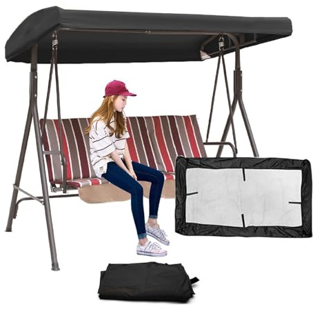 WFXXZL Replacement canopy for porch swing, 3 seater canopy waterproof porch swing replacement cover, replacement cover sun canopy, 210D Oxford fabric(Black,213 * 122 * 18/23cm)