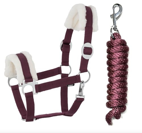 JA Horse JA4003 Comfort Halfter Set Karabinerhaken, Burgundy, Cob | Comfort Pferdehalfter mit Kunstfell Führstrick Set, verstellbar mit Karabinerhaken für Pferd Holzpferd