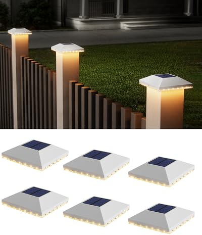 JACKYLED Solar Pfostenkappe 7x7 8x8 9x9 10x10, Solar Pfostenkappen IP54 Wasserdichte für Zaunpfosten für Hölzerne Pfosten Plattform, Garten, Weiß (6 Stück)