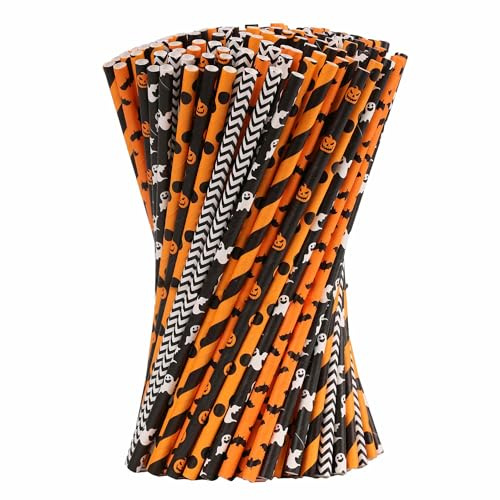 Xyedyaup100 Halloween Party Straws Paper Skulls Skulls Natural Drinking Straws Pumpkins Bats Organic 197 mm x 6 mm Straw