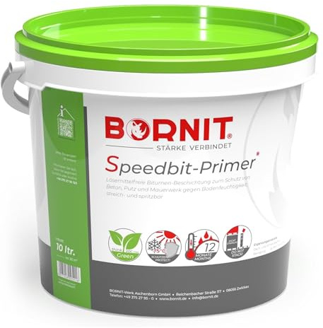BORNIT Speedbit Primer Grundierung Bitumen Voranstrich 10kg Tiefengrund | [sehr schnell trocken] Putz Beton Metall Mauerwerk Garage Haus Gartenhaus Dachpappe Haftgrund Bitumenbahn Dach Balkon