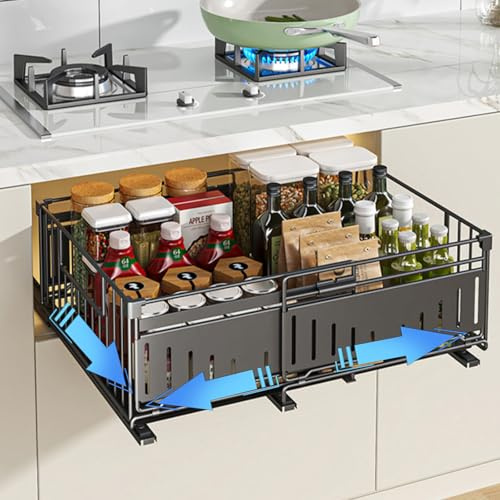 1 Stück Ausziehbare Teleskopschublade Küchen Organizer, 32,5-50 cm Breite | Ausziehbare Schublade Küche aus Metall für Küchenschrank Organizer, Spülschrank Organizer zum Kleben oder Schrauben, Schwarz