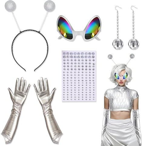JNYUTEEN 5 Stück Alien Kostüm Zubehör, Alien Haarreif Brille Handschuhe Ohrringe, Silber Alien Antenne Stirnband Kostüm Accessoires für Halloween Karneval Maskerade