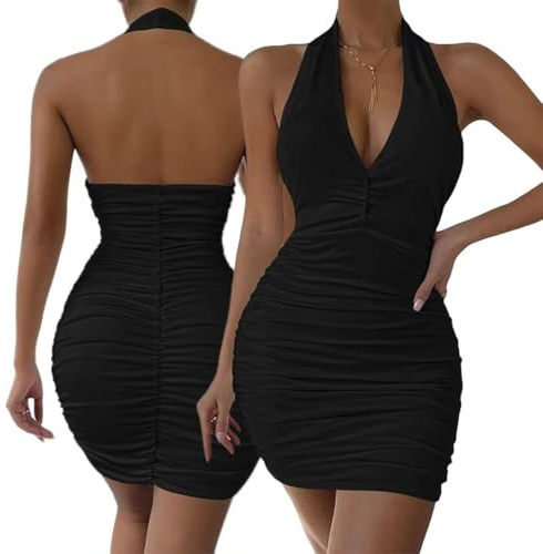 JYIXXZX Damklänning sexig miniklänning med V-ringning grimmad ärmlös kort klänning volangklänning rygglös bodycon bodycon sommar för kväll fest klubb cocktail nattklubb, Svart, S