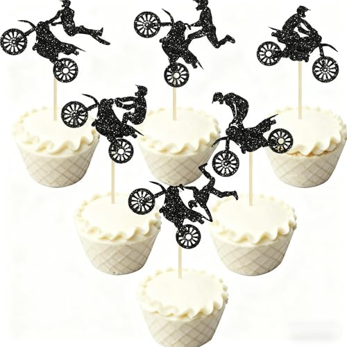 KSHGTB 24Pcs Motorcycle Cupcake Toppers Black Glitter Motocross Dirt Bike Party Cupcake Picks for Sports Motocross Theme Man Boy Birthday Party Cake Decorations Supplies
