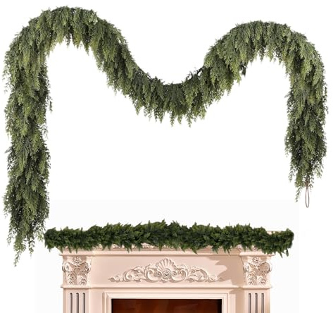 Christmas Garland - Artificial Cedar Decorations - Real Feel Artificial Fir Trees and Cypress Vines - for Fireplace Coat Stairs Home Farmhouse Party