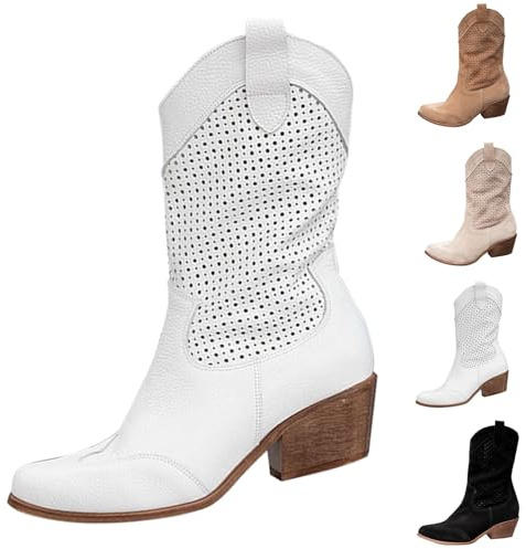 Generiska vida stövlar dam med klack, västerländska stövlar dam korta, läderstövlar platt vår vinter tjock klack spets tåområde slip-stövlar V-ringad cowboy stövlar, Beige, 36 EU