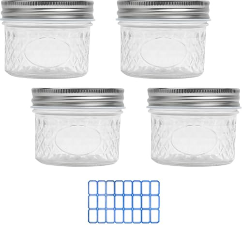 GZRXIOUS Barattolo in vetro con coperchio, 4 pezzi, 120 ml, con adesivo blu per etichette Meal Prep, piccoli barattoli in vetro per conservare yogurt, marmellata, spezie