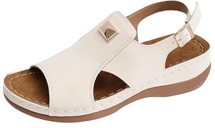 Sandalias de cuña para mujer, de piel, sandalias elegantes y cómodas, ortopédicas, de secado rápido, para deportes y exteriores, estilo vintage, con puntera abierta, sandalias de senderismo, beige, 38