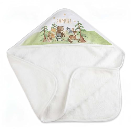 Kidsmood - personalisiertes Kapuzenhandtuch Baby | Niedliches Babyhandtuch mit Namen - Flauschig & sicher für zarte Babyhaut Liebevolles Geschenk zur Geburt Mädchen & Jungen (Waldwiese Tiere)