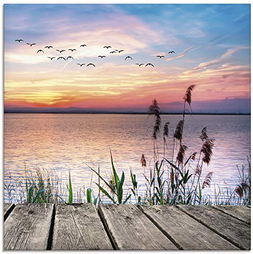 ARTland Wanddeko Glasbilder Wandbild Glas Bild einteilig 50x50 cm Quadratisch Natur Steg Landschaft See Himmel Sonnenaufgang Vögel Wolken T9QD