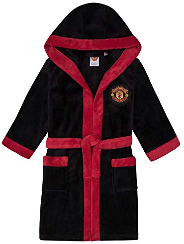 Manchester United FC Official - Morgonrock med huva herr - fleece - supporterpryl - Svart - 7-8 år