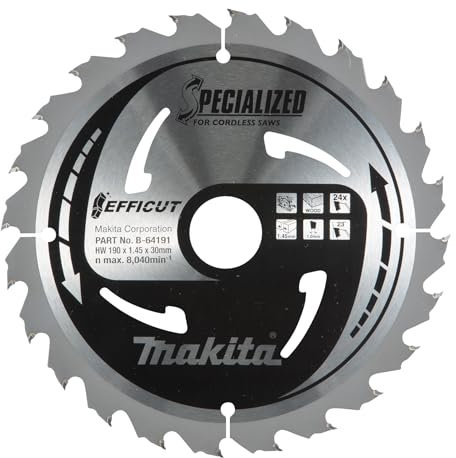 Makita B-64191 EFFICUT Kreissägeblatt Ø 190 x 1,45 x 30 mm, 24 Zähne, 23° Zahnwinkel, für saubere und schnelle Schnitte in Holz, für Akku-Handkreissägen