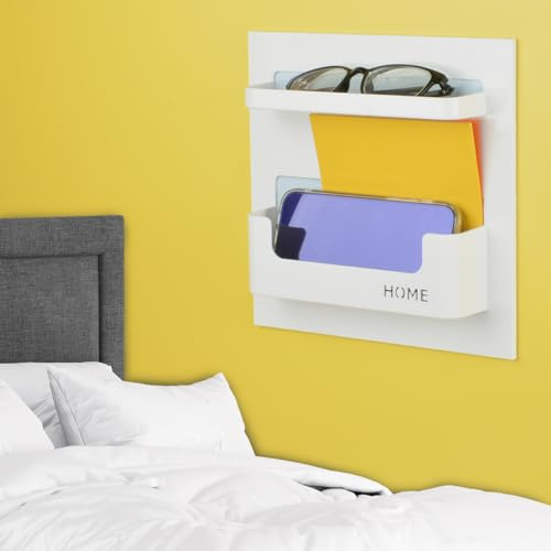 OKOMATCH Mensola da Comodino, attaccabile a Parete, per Camera da Letto, dormitorio, Ufficio, Organizer per Telefono, Occhiali, Telecomando, Chiavi, Penne, Materiale plastico, Bianco (Tipo A
