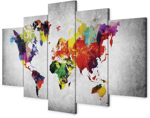murando - Wandbilder XXL Weltkarte 100x50cm 5 tlg - Wand Deko Leinwand Bilder Groß Wanddeko Wohnzimmer Schlafzimmer Kunstdrucke - Kontinente World Map Abstrakt bunt grau