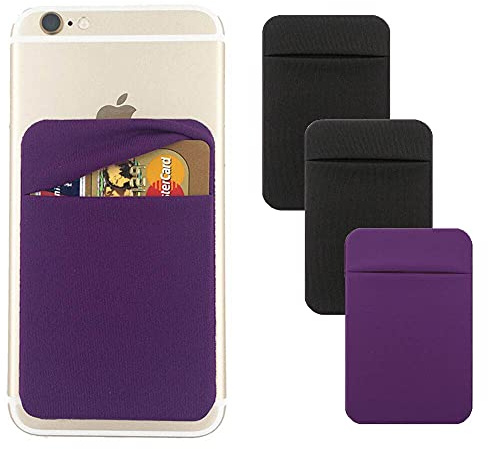 3Pack Cell Phone Card Holder Pocket for Back of Phone,Stretchy Stick on Wallet Credit Card ID Case Pouch Sleeve Self Adhesive Sticker with Flap for iPhone Samsung Galaxy-2Black+1Purple