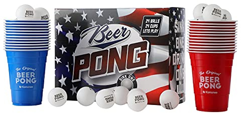 Komonee Beer Pong Set 48 PCS USA Colours American Adult Indoor Novelty Party Drinking Game Olympics 24 Re-usable Cups and 24 High Bounce Balls Great For United States National Days