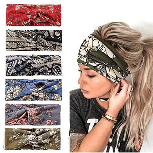 Damen stirnband haarband damen breit, Elastische Weiche Bohmisches Stirnband, Blumen muster bedrucktes verdrehtes Stirnband 6 Stück,Sport Yoga schweißabsorbierende Stirnbänder