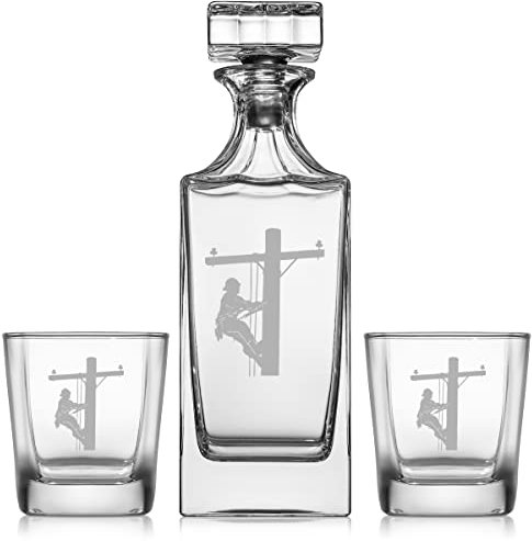 Juego de regalo de decantador de whisky con 2 vasos de whisky Old Fashioned Rocks, Lineman Electric Pole Climber