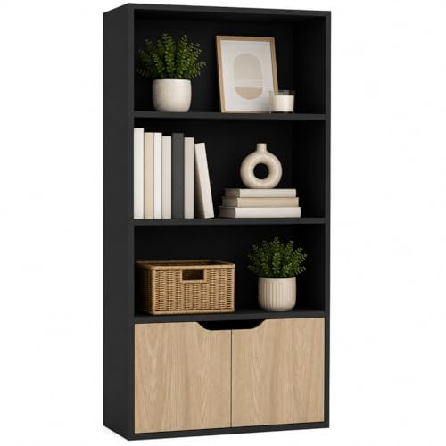 URBNLIVING Bücherregal mit 4 Etagen, breit, aus Holz, mit 2 Türen, Aufbewahrungsregal, Vitrine, Schwarz mit Eichentüren