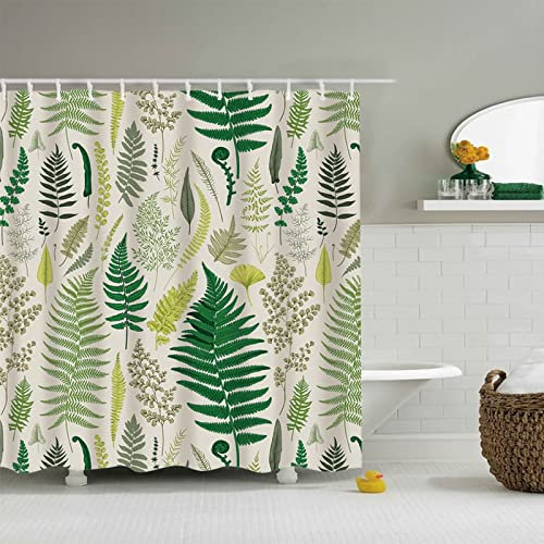 EHOMERY Duschvorhang L Form Duschrollo Zum Klemmen Laub Polyester Grün Weiß Rostfreie Ösen Und 12 Hakenringe, 140X180Cm