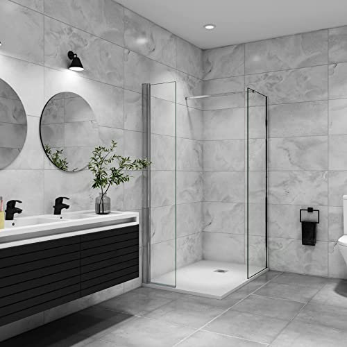 AICA paroi de douche à l'italienne 60x200cm avec barre de fixation 73-120cm en carré, paroi de douche pivotante 45x200cm, verre 8mm securit anticalcaire, profil chromé