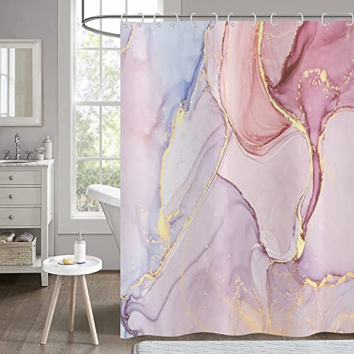 Hnmdmyi Cortina de Baño Rosa Mármol 180x200, Abstracta Oro Morado Purpurina Lujo Moderna Ombre Cristal Textura Arte Tinta Tela Impermeable Lavable