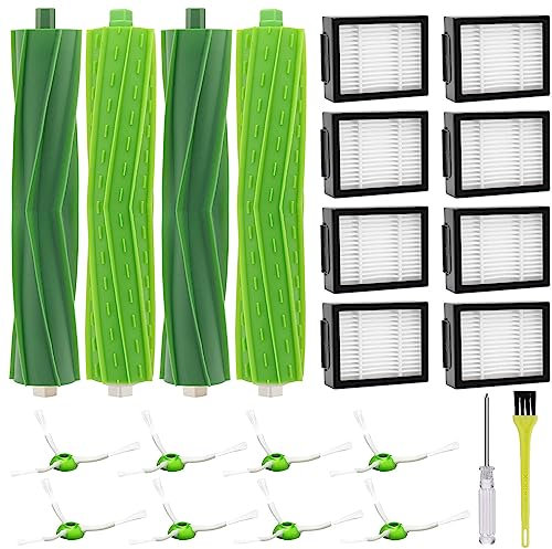 Fictezlove Zubehör für iRobot Roomba i7 i7+ / i7 Plus E5 E6 E7 Roboter-Staubsauger, Ersatzteile Kit mit 4 Gummibürsten, 8 HEPA-Filter, 8 Seitenbürsten, 1 Schraubenzieher, 1 Reinigungswerkzeug