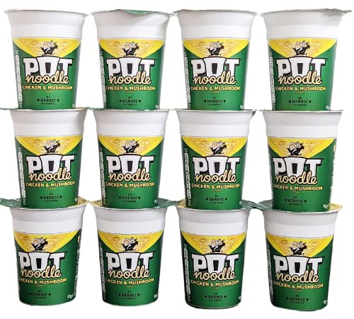 Chicken & Mushroom Pot Noodle Multipack - Pack of 12 x 90g Instant Pot Noodles with Topline Card. Chicken Soup Snack Pots Bulk Buy for Camping Food, Picnics or School Holidays.