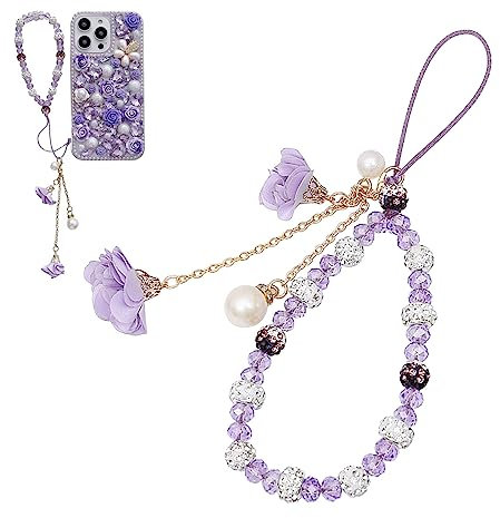 Charme de Téléphone, Bijoux de Telephone, Chaîne de Téléphone Perle, Cordon Telephone Portable Cristal Violet, Bracelet Téléphone, Chaîne de Téléphone Anti-Perte, Dragonne de Lanière de Téléphone