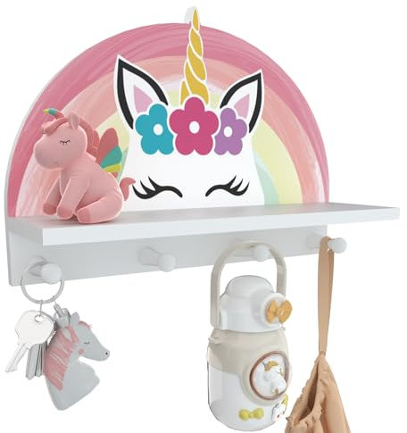 Garybank Unicorn Rainbow Decoration Kids Coat Rack with Hooks, Wall Mounted Kids Coat Rack Decor for Girls Bedroom, Wooden Peg Shelf