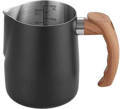 Lattiera Espresso Brocca Per Schiuma Di Latte In Acciaio Inox Da 20oz 30oz Strumenti Per Baristi, Bricco Per Latte Per Latte Art,Brocca Di Misurazione In Metallo,Manico In Legno ( Color : Black , Size