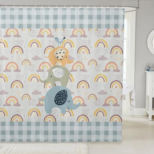 feelingyou Netter Elefant Duschvorhang mit Haken, Kawaii Elefant Baby Vögel Zimmer Badevorhang, Cartoon Sweet Regenbogen Blau Plaid Badezimmer Zubehör Stoffplatte, L Größe