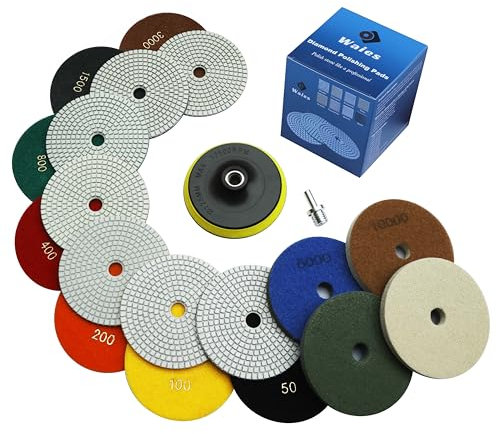 Waies 11 Packs 5 Inch Diamond Polishing Pads with M14 Backer Pad 9 PCS Wet/Dry Polish Pad Kit for Drill Grinder Polisher 50-10000 Grit Pads for Marble Tile Quartz Granite Concrete Countertop