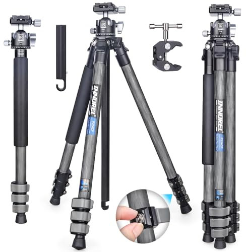 INNOREL P254CF Tripode de viaje de fibra de carbono 160 cm, trípode compacto profesional para cámara DSLR de viaje con rótula central de baja gravedad