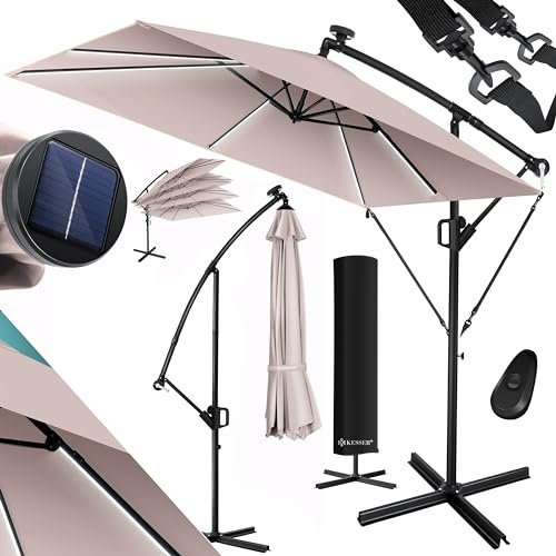 KESSER® Ampelschirm Holly Sonnenschirm Rechteckig LED Solar inkl. Abdeckung | Kurbel-Schirm mit Ständer UV-Schutz Aluminium Wasserabweisend Ø350cm Gartenschirm Taupe