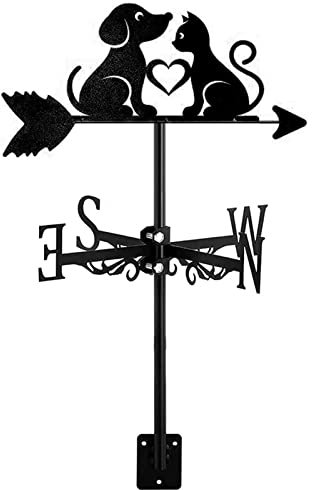 ZNEL Wetterfahne Schwarzes Metall Hundewelpe & Katze Ornament Windrichtungsanzeiger Wetterhahn Messinstrument Dachinstallation Windfahne Bauernhof Szene Garten Deko Zubehör, Dog & cat~02