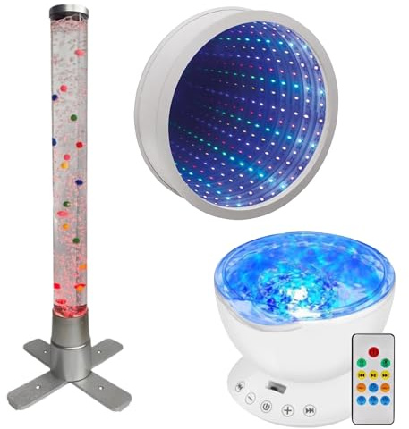 Playlearn Sensory Light 60cm Table Top Bead Bubble Tube Colour Changing, 23cm Infinity Mirror Calming Visual Effect, 13cm Ocean Wave Projector Lamp for Office,Living Room & Bedroom Home Decor