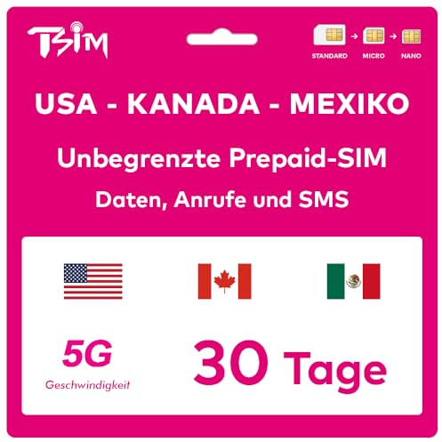 TSIM Prepaid USA SIM-Karte für 30 Tage Reise | Unbegrenzte 4G/5G Highspeed-Daten in den USA + 5GB Daten in Kanada und Mexiko | Unbegrenzte lokale Anrufe + kostenlose eingehende Anrufe & SMS